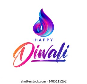 Vector illustration: Greeting card with handwritten lettering of Happy Diwali and colorful brush stroke