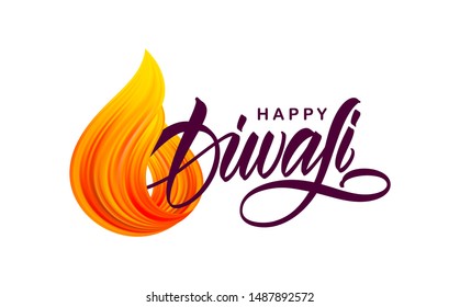 Vector Illustration: Greeting Card With Handwritten Lettering Of Happy Diwali And Fire Brush Stroke Flame