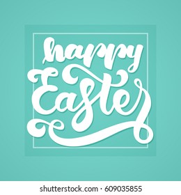 Vector illustration: Greeting card with handwritten lettering of Happy Easter in frame on mint background.  