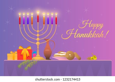 Vector illustration of greeting card For Hanukkah's holiday with copy-space, the picture shows the festive table on it the gold Menorah with burning candles donuts gifts a toy dreidel and olive branch