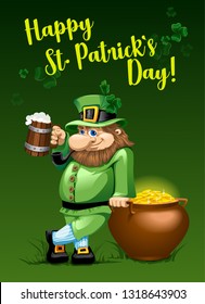 vector illustration of greeting card Happy St. Patricks Day with leprechaun and pot of gold
