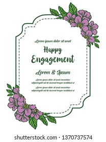 Vector illustration greeting card of happy engagement with purple floral frame hand drawn