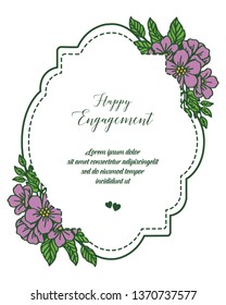 Vector illustration greeting card of happy engagement with purple floral frame hand drawn