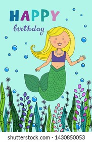 Vector illustration greeting card happy birthday mermaid