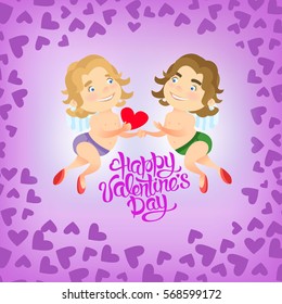 vector illustration. Greeting card Happy Valentine Day, with holding hands couple gays angels