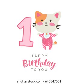 Vector illustration of greeting card with happy birthday to you words and cute little feline dedicated