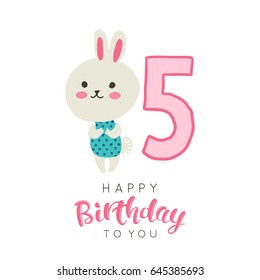 Vector illustration of greeting card with happy birthday to you words and cute bunny