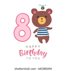 Vector illustration of greeting card with happy birthday to you words and small bear with bee