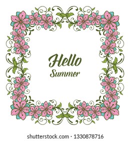 Vector illustration greeting card hello summer with leaf flower frame hand drawn