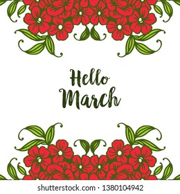 Vector illustration greeting card hello march with blossom flower frame hand drawn