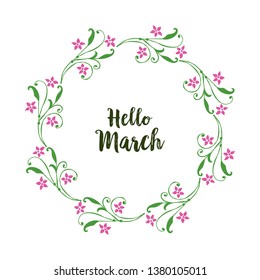 Vector illustration greeting card hello march with leaf flower frame hand drawn