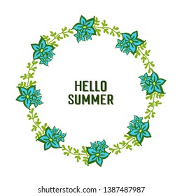 Vector illustration greeting card hello summer for shape blue flower frame
