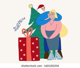 vector illustration, greeting card for a holiday, new year and Christmas, a young family of lovers, a man gives a gift to his woman, a tender relationship, a surprise.