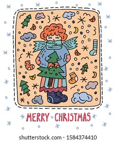 Vector illustration, greeting card with the image of a girl with a Christmas tree in her hands and the inscription Merry Christmas.