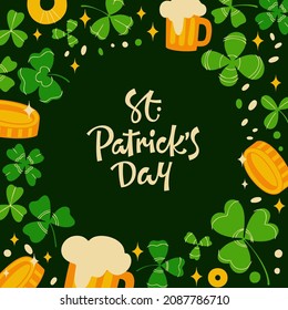 Vector illustration of greeting card with inscription St Patricks Day on green background with clover leaves and beer cups and golden coins