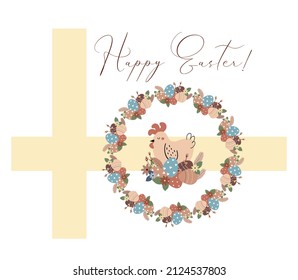 Vector illustration of greeting card with inscription Happy Easter and wreath with flowers and hen on religious cross on white background
