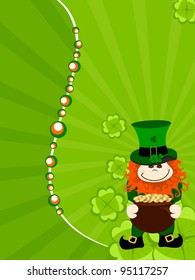 Vector illustration of greeting  card with leprechaun having  gold coin's cauldron on rays background for St. Patrick's Day.