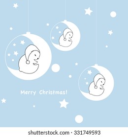 Vector illustration, greeting card, little bears sleeping on the moon, winter