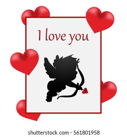 Vector illustration of greeting card I love you with Cupid and hearts.