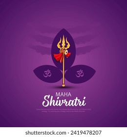 Vector illustration of Greeting card for maha Shivratri design with Trishul and silhouette of bilva leaves.