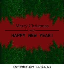 Vector illustration greeting card Merry Christmas and Happy New Year with realistic Christmas trees on red background