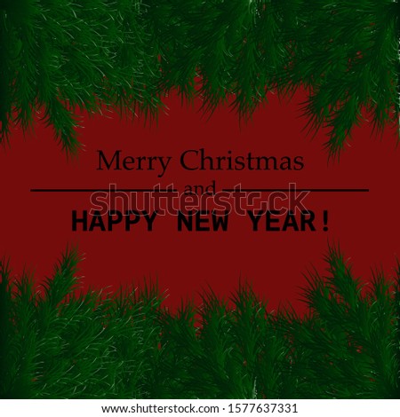 Vector illustration greeting card Merry Christmas and Happy New Year with realistic Christmas trees on red background