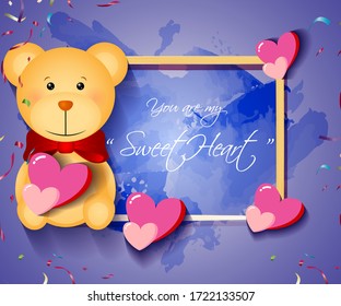 vector illustration greeting  card with message "you are my sweet heart", illustration is showing beautiful colorful  hearts and teddy on abstract pink background with water color effects  