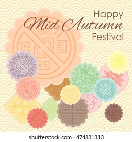 vector illustration of greeting card for Mid Autumn Festival with traditional mooncakes and pastel ornamental background