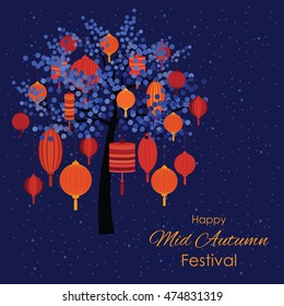 vector illustration of greeting card for Mid Autumn Festival with traditional lanterns with red lamps handing on the tree on dark sky background and with wishes for happy holiday