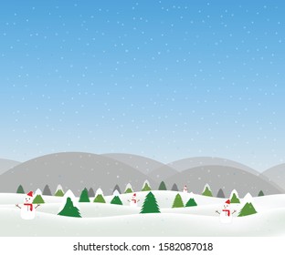 Vector illustration greeting card of mountain, pine trees and snowfall. Design for Christmas and New Year. Winter theme.
