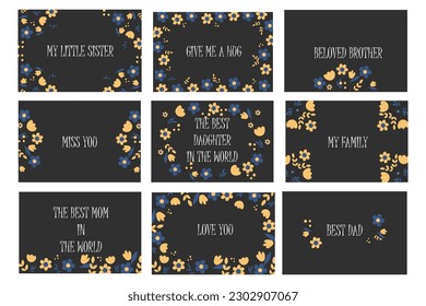 Vector illustration. Greeting card on a dark background with flowers. Family card, family holidays. Design for postcards.