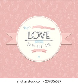Vector illustration Greeting card with plane. Festive Valentine's Day seamless pattern. Love is in the air.