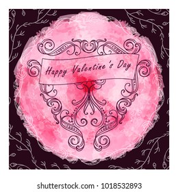 Vector illustration, greeting card, poster or square background for Valentine's day, 14 february. Ornate vintage art on abstract flower rose or peony. Pink color
