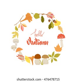 Vector illustration. Greeting card. Poster. Lettering. Hello, Autumn. Autumn motive.Frame of autumn leaves.