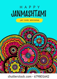 Vector illustration, greeting card, poster or banner for indian festival of Happy Janmashtami celebration. Indian festival Krishna. Indian floral ornament and modern hand drawn lettering.