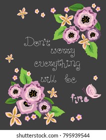 Vector illustration of greeting card with purple flowers and text