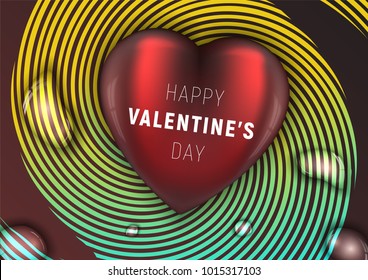 Vector illustration, greeting card. Red heart and water drops lies on abstract background . Happy Valentines Day.