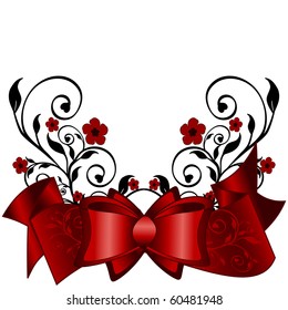 Vector illustration of greeting card with  red ribbon, bow and ornament on white background