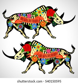 vector illustration. Greeting card with a rhinoceros skeletons. Rhino.
