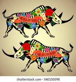 vector illustration. Greeting card with a rhinoceros skeletons. Rhino.