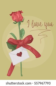 vector illustration greeting card with rose and envelope with a declaration of love and congratulations happy valentines day