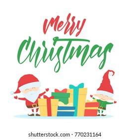 Vector illustration: Greeting card with Santa Claus, elf, gift boxes and handwritten lettering of Merry Christmas