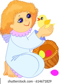 vector, illustration, greeting card, sits a little angel,holding the chick in hands