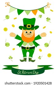 Vector Illustration Of A Greeting Card For St. Patrick's Day. Funny leprechaun, gold coins, clover, Vector ESP 10