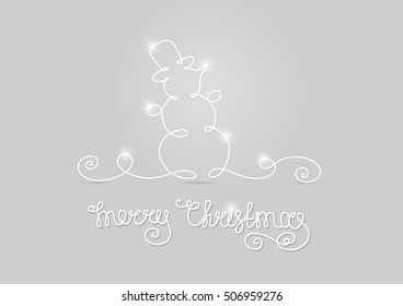 vector illustration greeting card stylized snowman with one line lights glowing snowflakes, lettering Merry Christmas