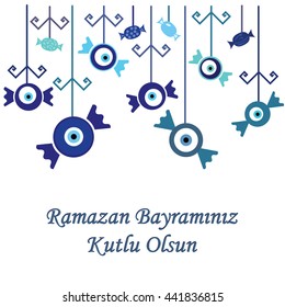 vector illustration / greeting card for Sugar Feast celebrated in Turkey in the end of Ramazan with greeting Have a Happy Ramazan Feast written in turkish language / blue sweets hanging decoration