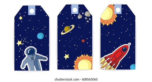 Vector illustration of a greeting card tag, an astronaut, a red rocket, a yellow star, a planet, a sun on a dark blue background