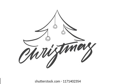 Vector illustration: Greeting card template with Handwritten type lettering of Christmas and Christmas tree.