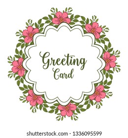 Vector illustration greeting card with texture frame flower pink green leafy hand drawn