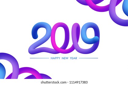 Vector illustration: Greeting card with  typographic composition of Happy New Year 2019 and abstract liquid shapes
